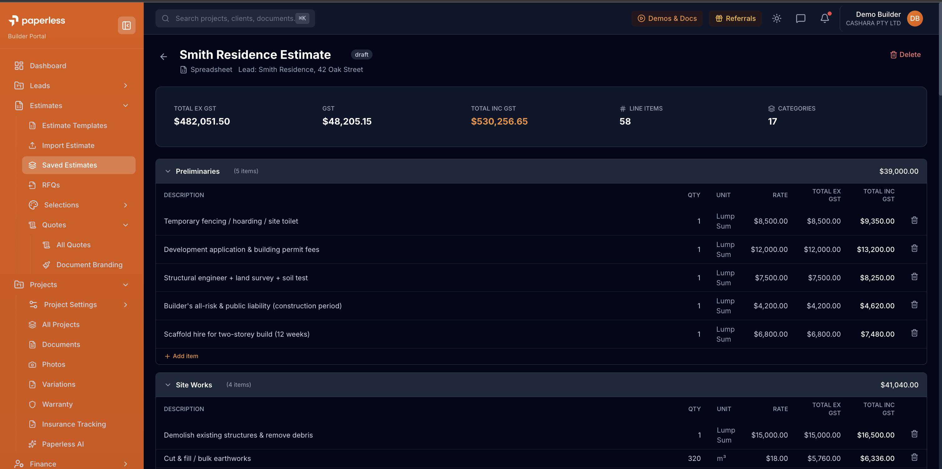 A priced estimate with categories and line items in the Build Paperless builder portal