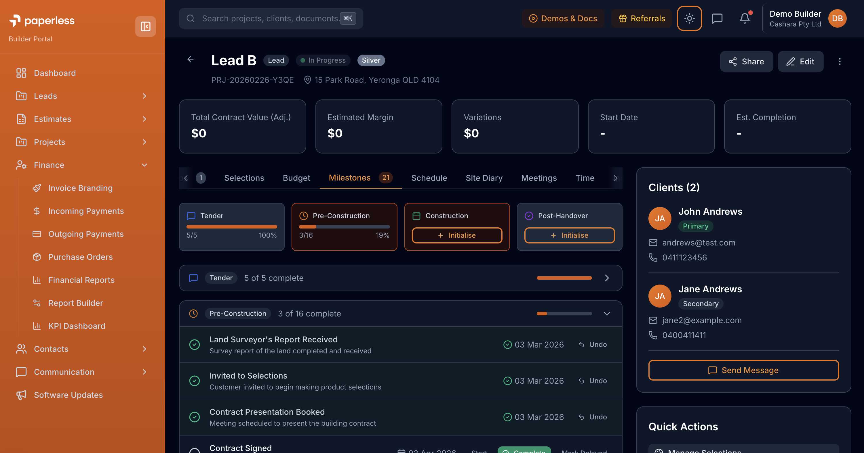 Project milestones and schedule in the Build Paperless builder portal