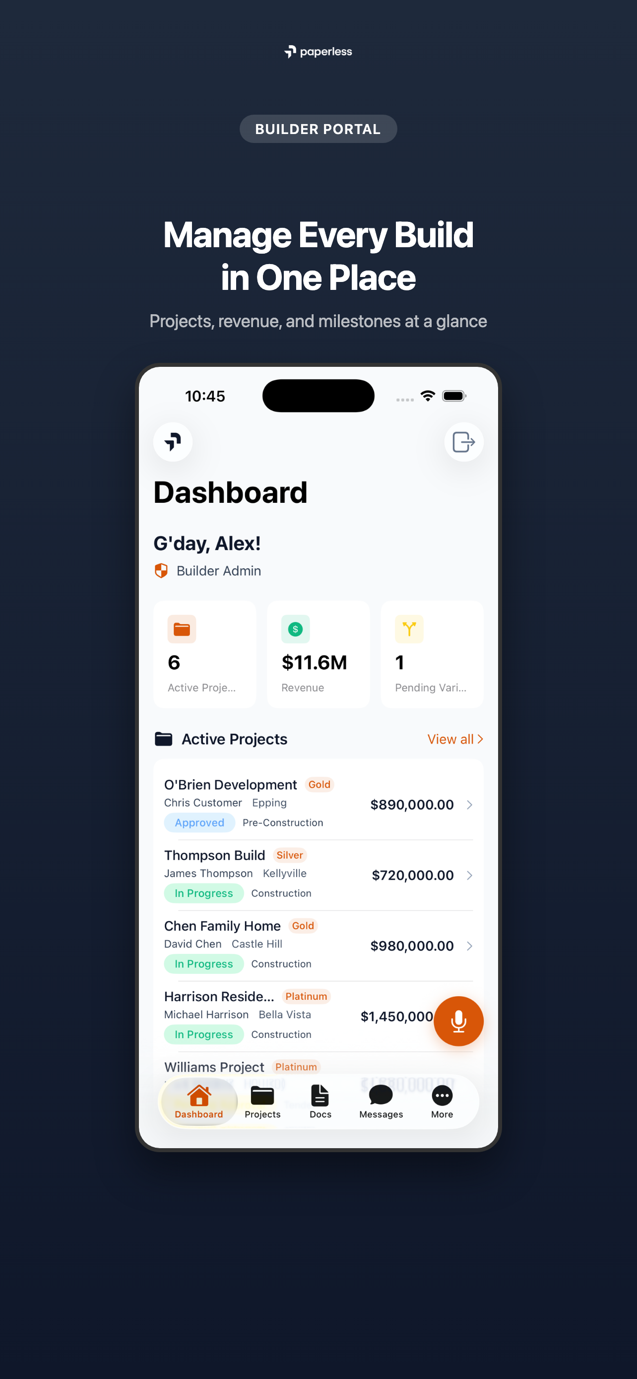 Build Paperless iOS app showing the builder dashboard